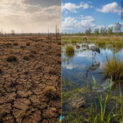 Zweigeteiltes Bild von Dürre und Wiedervernässtem Moor (KI-Generiert)
