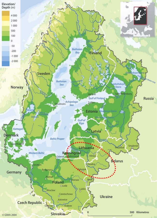 Map of the catchment of the Baltic Sea. The Neman river basin is marked in red